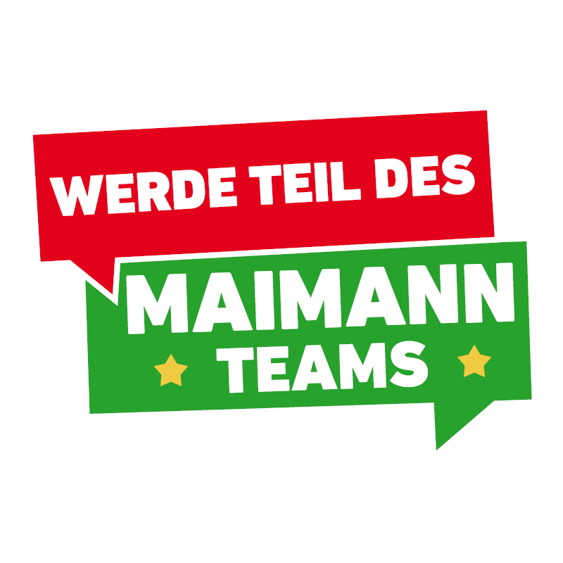 Zwei Sprechblasen: eine rote mit weißer Schrift "WERDE TEIL DES" und eine grüne mit weißer Schrift "MAIMANN TEAMS", getrennt durch zwei gelbe Sterne, unterstreichen den einladenden Geist der Maimann Gartengestaltung.