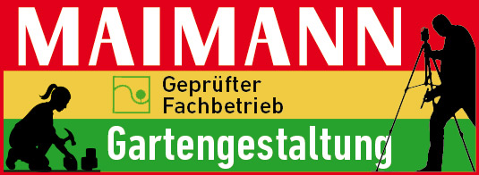 Auf einem rot-gelb-grünen Schild steht "MAIMANN Gartengestaltung" mit "Geprüfter Fachbetrieb". Die Silhouetten zeigen einen Mitarbeiter von Maimann Gartengestaltung mit einem Bohrer und einen anderen mit einer Vermessungsausrüstung. Im gelben Bereich erscheint ein Zertifizierungssymbol.